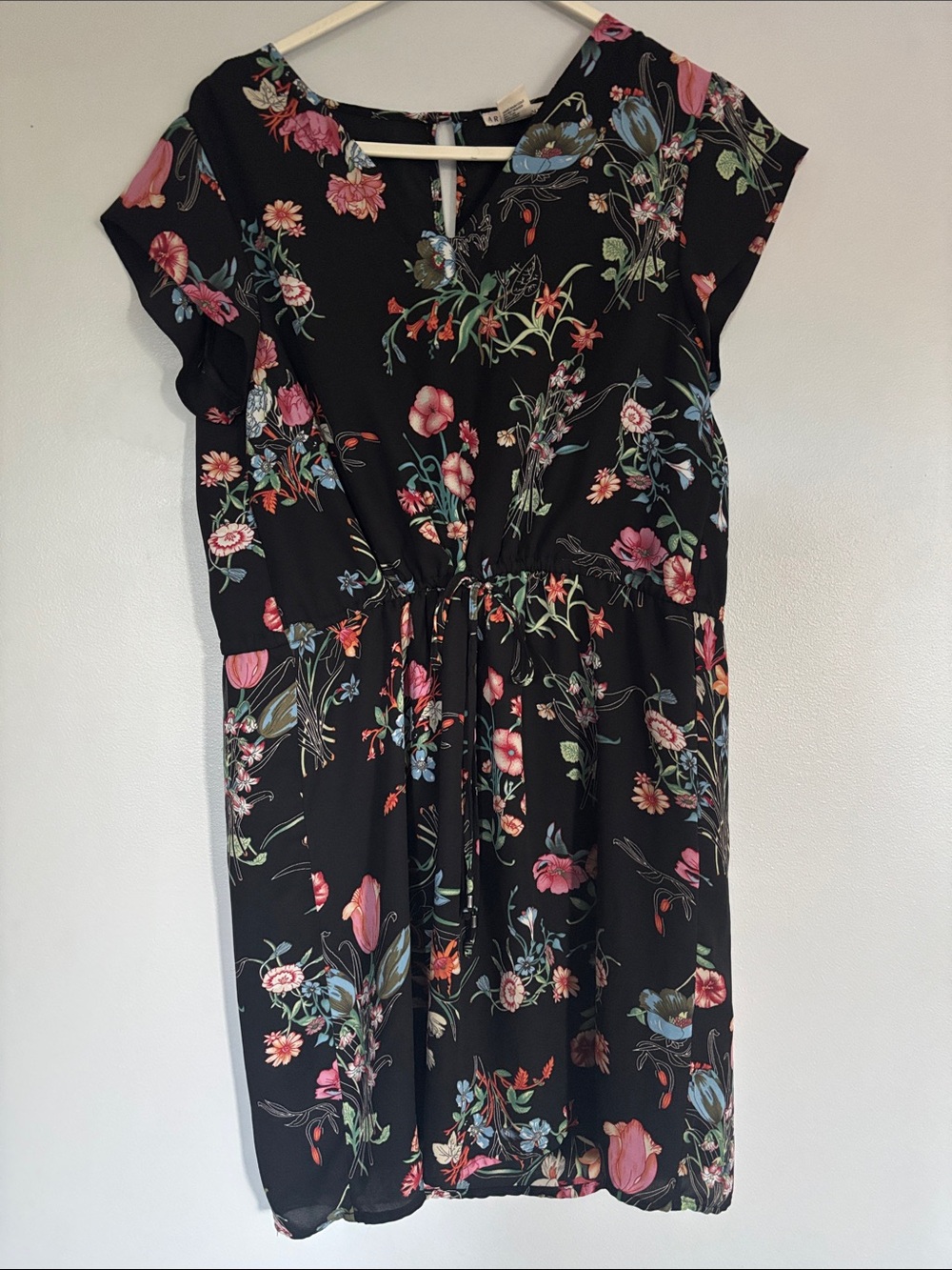 Beautiful Artisan Ny Black Floral Drawstring Midi Dress